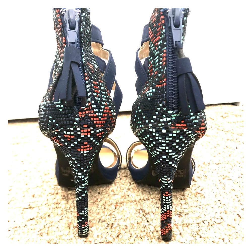 Navy and coral open toe heels